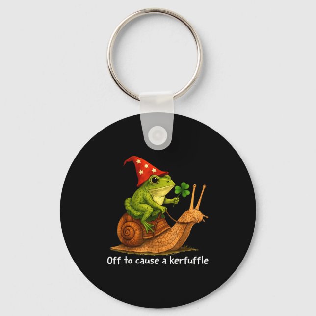 Whimsical frog wizard off to cause a kerfuffle mem keychain (Front)