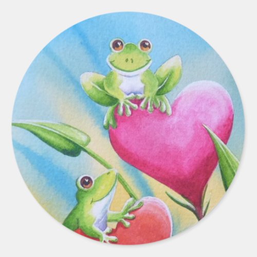 Whimsical Frogs and Hearts Watercolor Art Classic Round Sticker