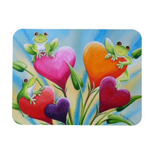 Whimsical Frogs and Hearts Watercolor Art Magnet (Horizontal)