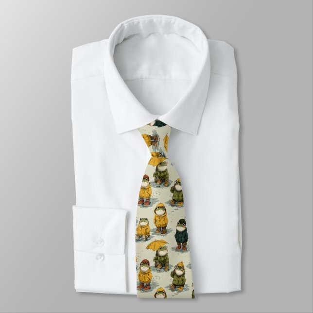 Whimsical Frogs in Raincoats Pattern Neck Tie (Tied)
