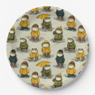 Whimsical Frogs in Raincoats Pattern Paper Plates
