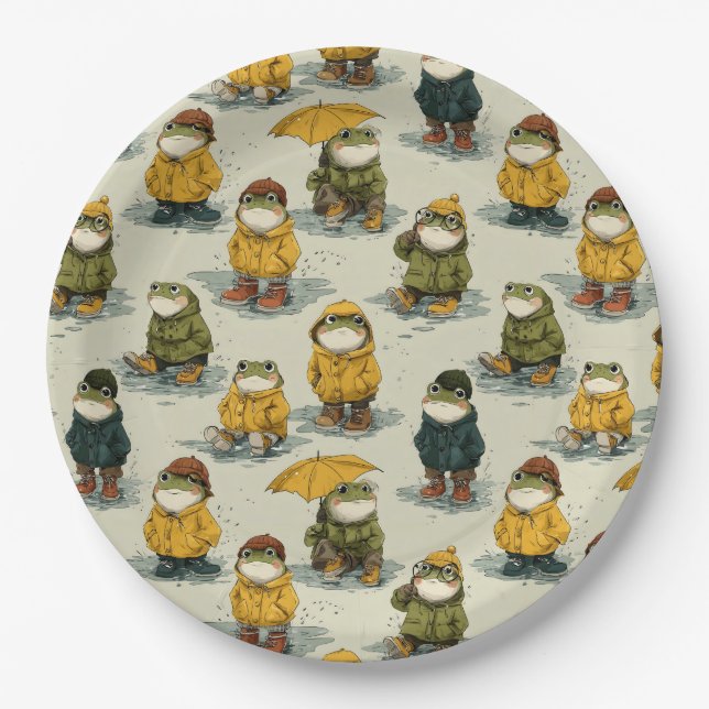 Whimsical Frogs in Raincoats Pattern Paper Plates (Front)