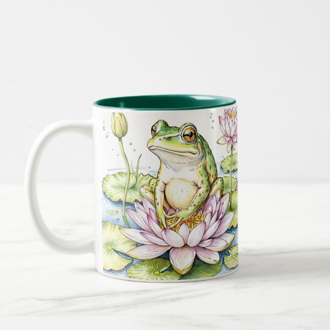 Whimsical Frogs & Waterlilies, Frogs, Waterlilies, Two-Tone Coffee Mug (Left)