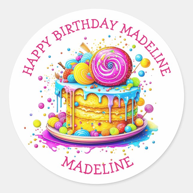 Whimsical Frosted Cake Personalized Birthday Classic Round Sticker (Front)