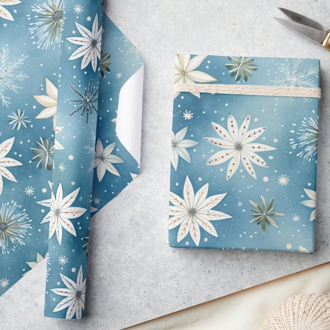 Whimsical Frosty Snowflakes & Stars Christmas  Wrapping Paper (Creator Uploaded)