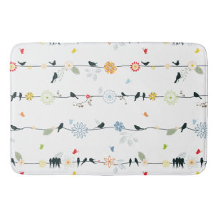 Whimsical Fun Black Birds and Flowers Pattern Bathroom Mat
