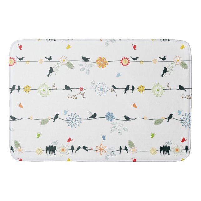 Whimsical Fun Black Birds and Flowers Pattern Bathroom Mat (Front)