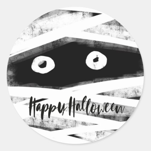 Whimsical Fun Black  White Mummy Happy Halloween Classic Round Sticker
