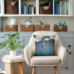 Whimsical Fun Blue and Turquoise Mermaid and Sea Throw Pillow