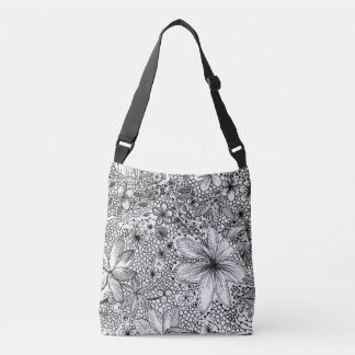 Whimsical Fun Funky Black and White Floral Crossbody Bag