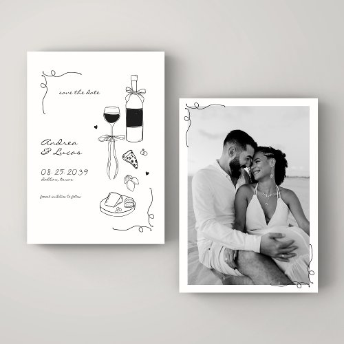 Whimsical Fun Hand Drawn Frame Wine Pizza Wedding Save The Date