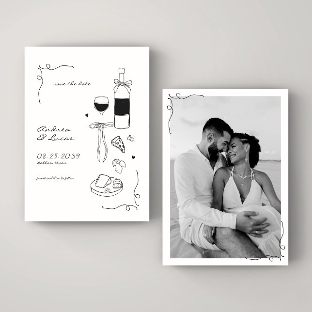 Whimsical Fun Hand Drawn Frame Wine Pizza Wedding Save The Date (Creator Uploaded)