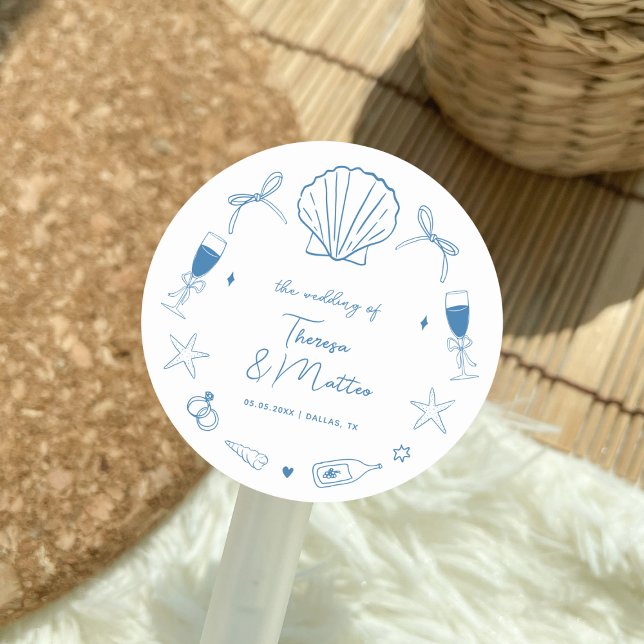 Whimsical Fun Hand Drawn Nautical Coastal Wedding Classic Round Sticker (Creator Uploaded)
