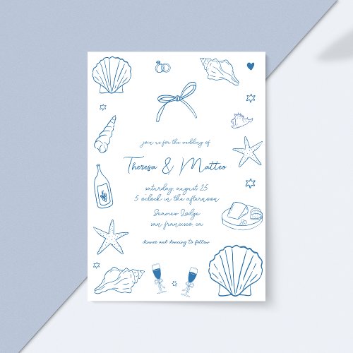 Whimsical Fun Hand Drawn Nautical Coastal Wedding Invitation
