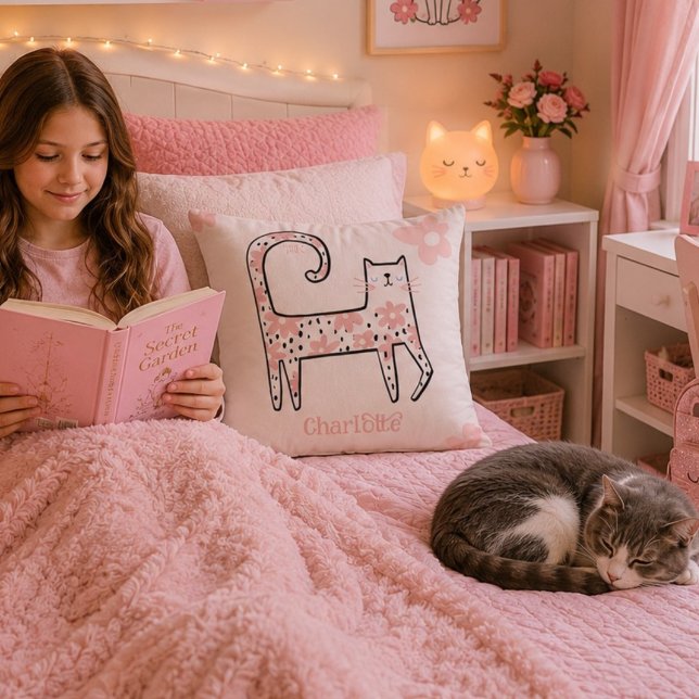 Whimsical Fun Pink Floral Cat Named Think Pink Throw Pillow (Creator Uploaded)