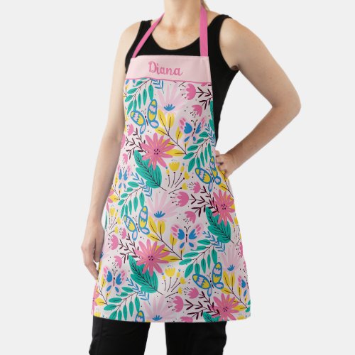 Whimsical Fun Tropical Flowers and Butterflies Apron