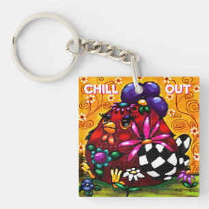 Whimsical Funky Chunky Floral Chicken Colorful Keychain