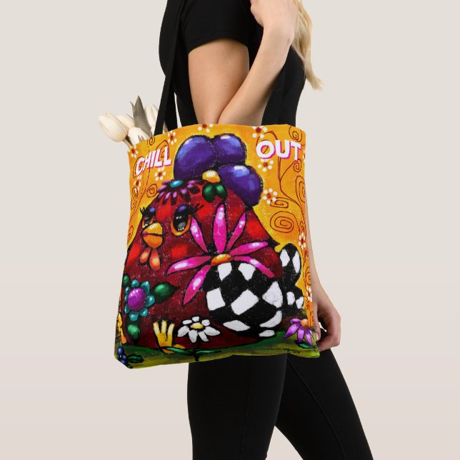 Whimsical Funky Chunky Floral Chicken Colorful Tote Bag (Close Up)