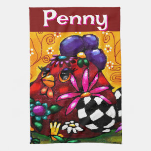 Whimsical Funky Chunky Floral Chicken Personalized Kitchen Towel