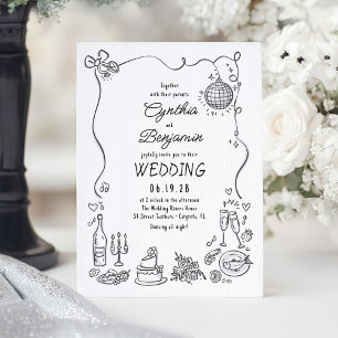 Whimsical Funky Hand Drawn Doodles Retro Wedding Invitation