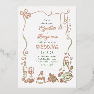 Whimsical Funky Hand Drawn Doodles Wedding Foil Invitation