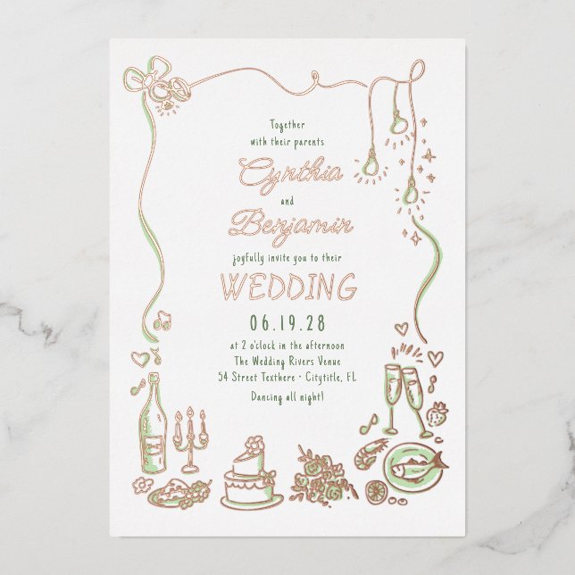 Whimsical Funky Hand Drawn Doodles Wedding Foil Invitation (Front)
