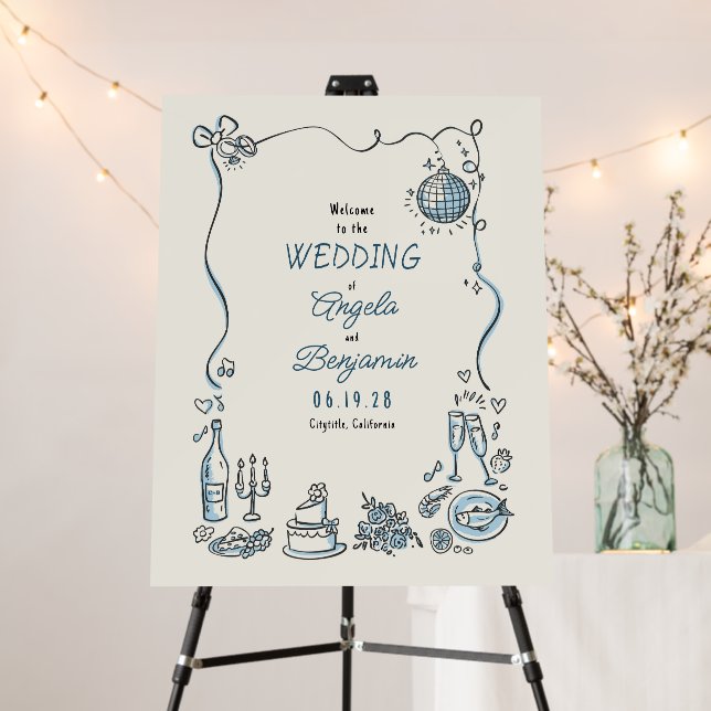 Whimsical Funky Hand Drawn Doodles Wedding Welcome Foam Board (In Situ (Stand))