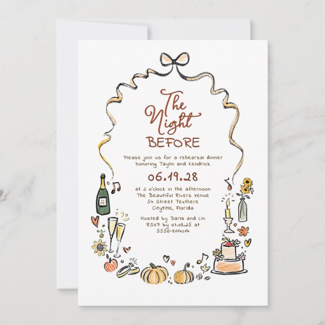Whimsical Funky Hand Drawn Fall Rehearsal Dinner Invitation (Front)