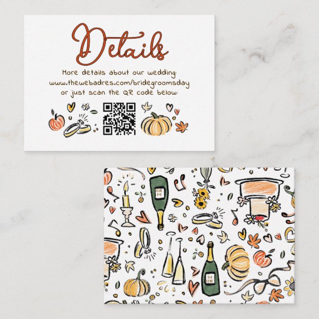 Whimsical Funky Hand Drawn Fall Wedding Details QR Enclosure Card (Front/Back)