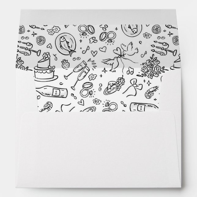 Whimsical Funky Hand Drawn Illustrations Wedding Envelope (Back (Bottom))