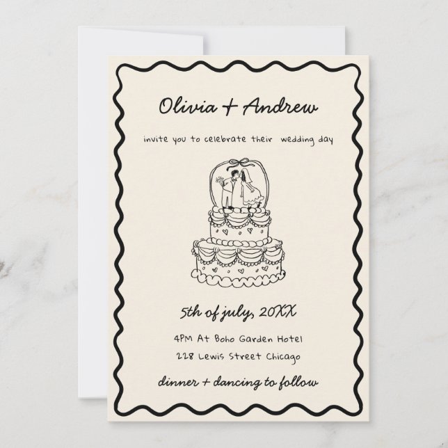 Whimsical Funky Hand Drawn Photo  Cake Wedding Invitation (Front)