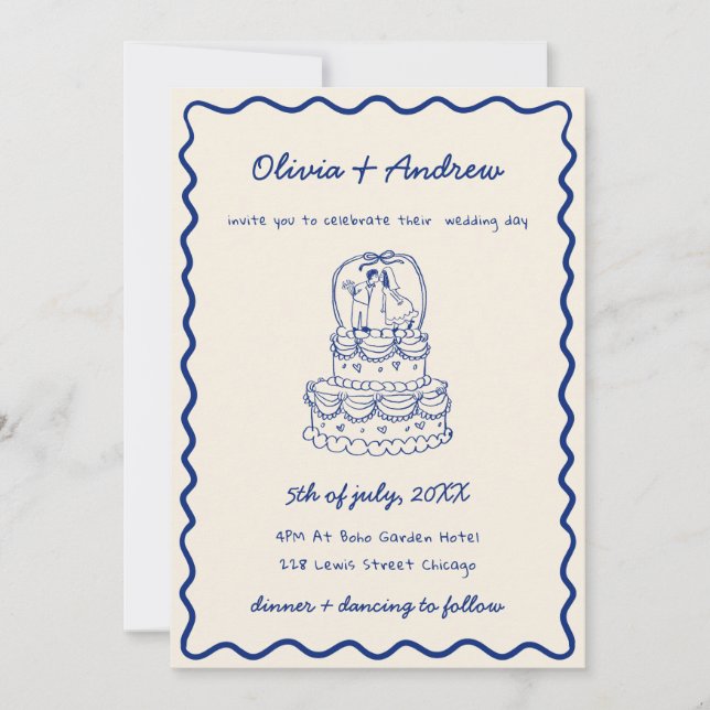 Whimsical Funky Hand Drawn Photo  Cake Wedding Invitation (Front)