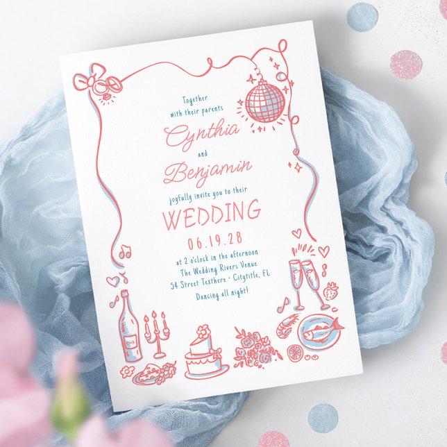 Whimsical Funky Hand Drawn Pink Blue Wedding Invitation (Dusty Blue and Pink Whimsical Quirky Retro Wedding Invitation)
