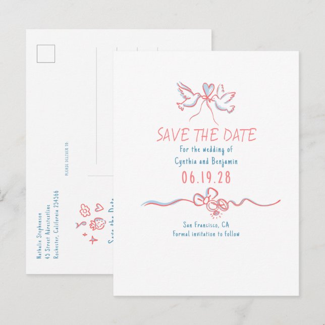 Whimsical Funky Hand Drawn Save The Date Announcement Postcard (Front/Back)