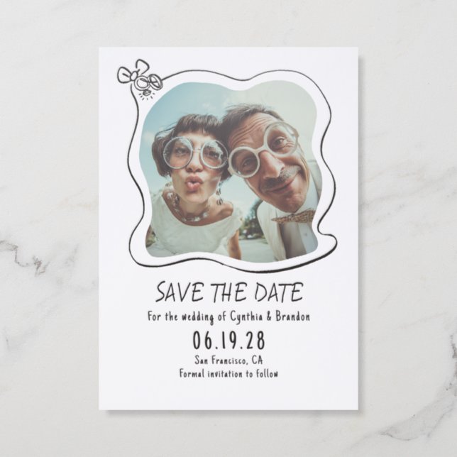 Whimsical Funky Hand Drawn Save The Date Letterpress Photo Cards (Front)