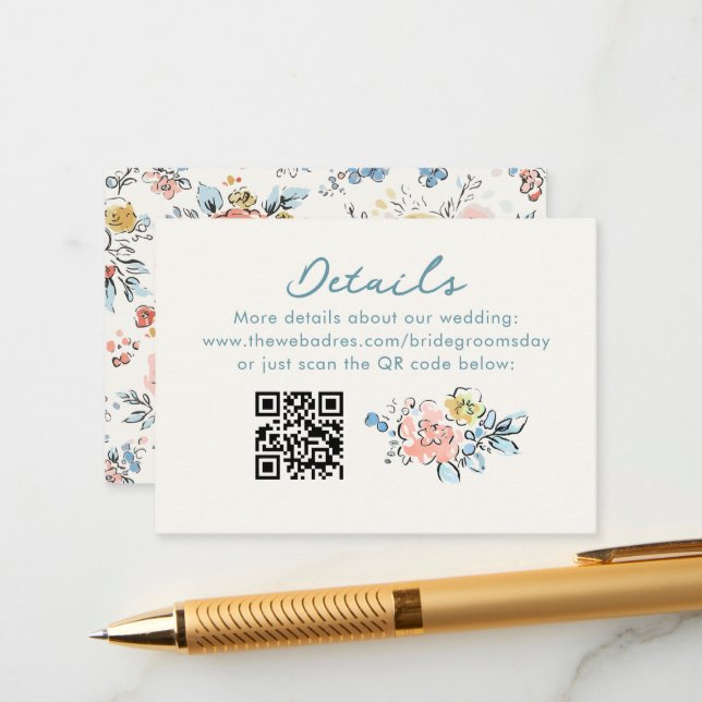 Whimsical Funky Hand Drawn Wedding Details QR Enclosure Card (Front/Back In Situ)