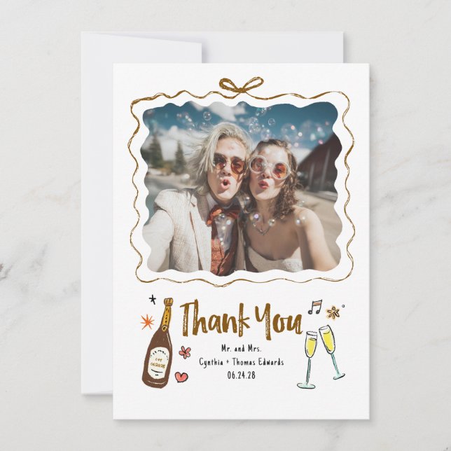 Whimsical Funky Hand Drawn Wedding Photo Thank You Card (Front)