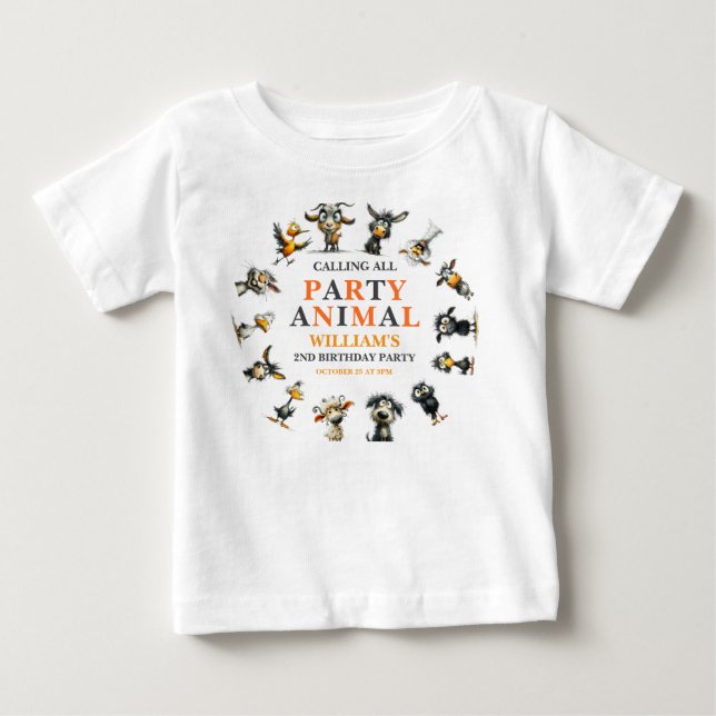 Whimsical Funny Animals 2nd Birthday Party Baby T-Shirt (Front)