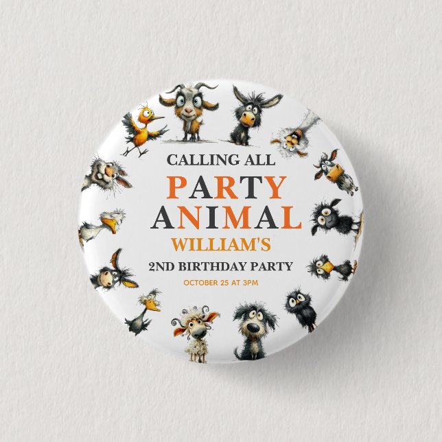 Whimsical Funny Animals 2nd Birthday Party Button (Front)