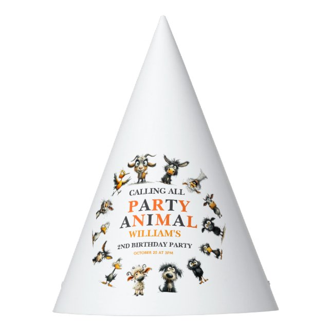 Whimsical Funny Animals 2nd Birthday Party Hat (Front)