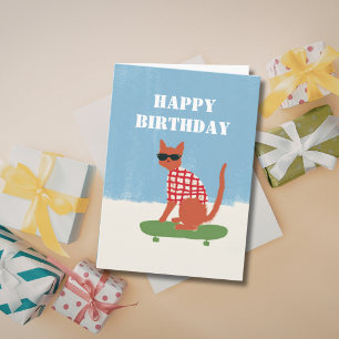 Whimsical Funny Cat on a Skateboard Birthday Humor Card