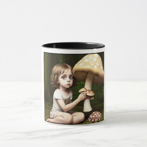 whimsical funny child holding mushroom coffee tea mug