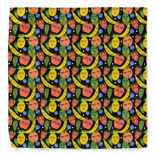 Whimsical Funny Fruit Salad Pattern Black Bandana