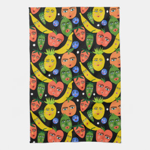 Whimsical Funny Fruit Salad Pattern Black Kitchen Towel