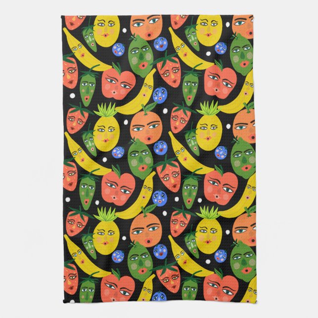 Whimsical Funny Fruit Salad Pattern Black Kitchen Towel (Vertical)