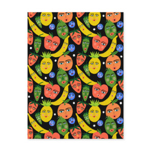 Whimsical Funny Fruit Salad Pattern Black Postcard