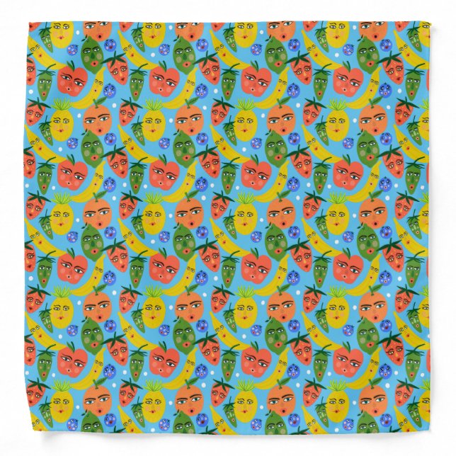 Whimsical Funny Fruit Salad Pattern Blue Bandana (Front)