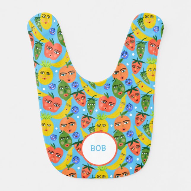 Whimsical Funny Fruit Salad Pattern Blue CUSTOM Baby Bib (Front)