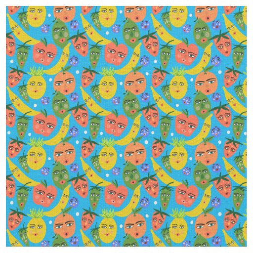 Whimsical Funny Fruit Salad Pattern Blue Fabric