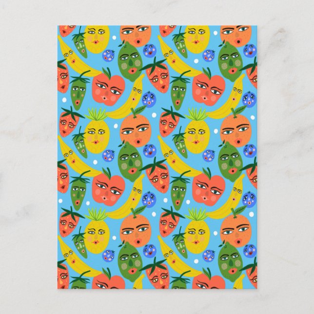 Whimsical Funny Fruit Salad Pattern Blue Postcard (Front)
